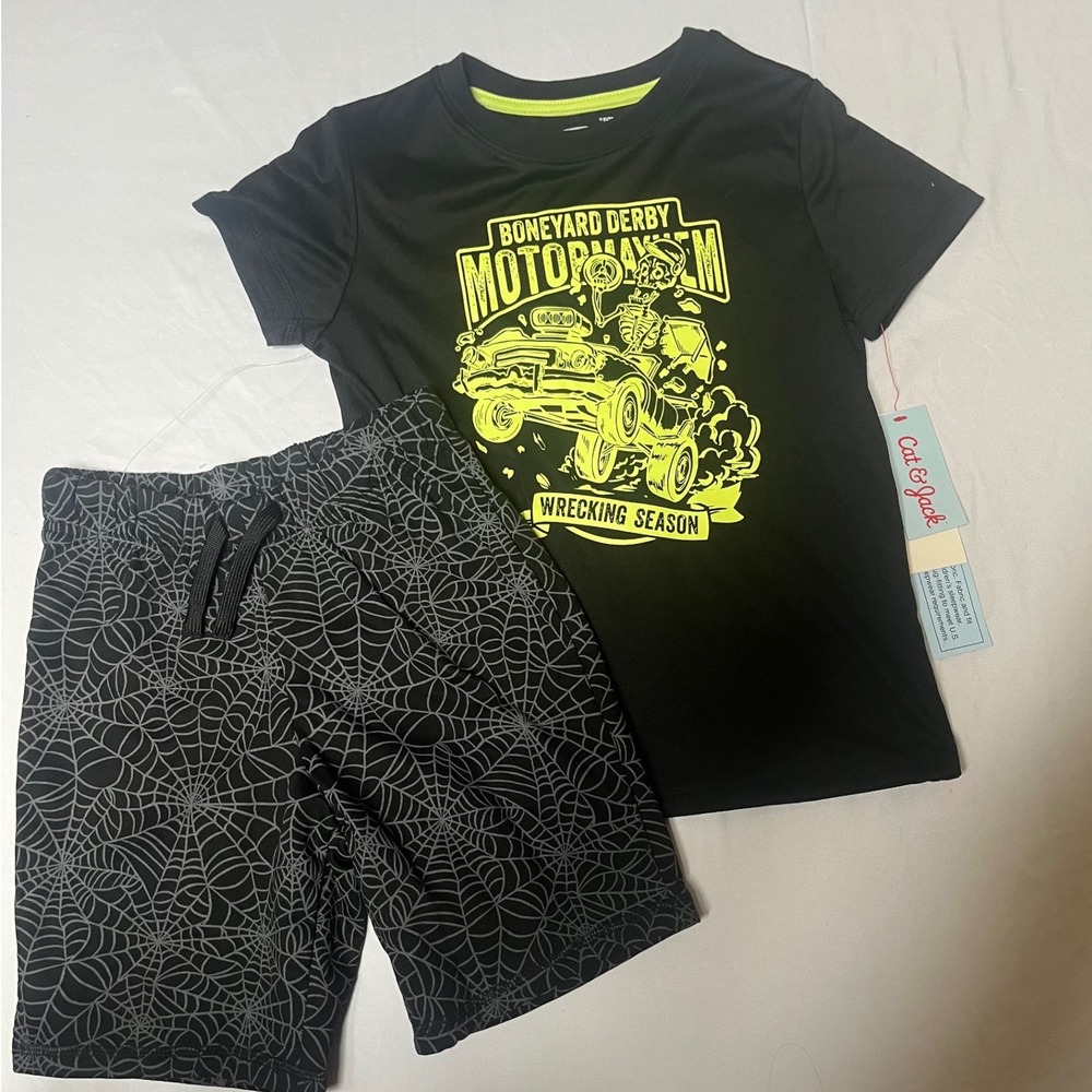 Cat & Jack Boys Pajama Set Black Neon Monster Truck Skeleton Web Size S 6/7